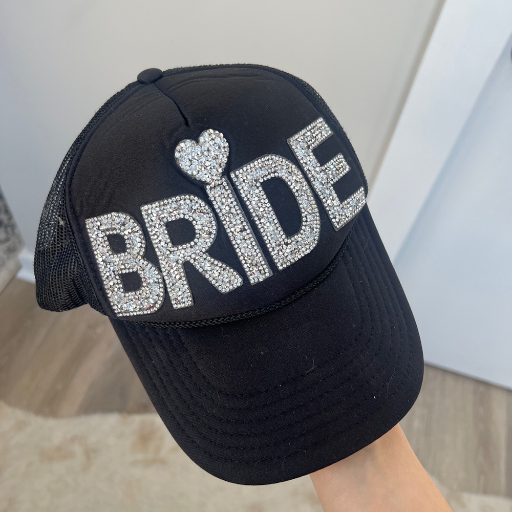 BRIDE Rhinestone Embellished Black Trucker Hat